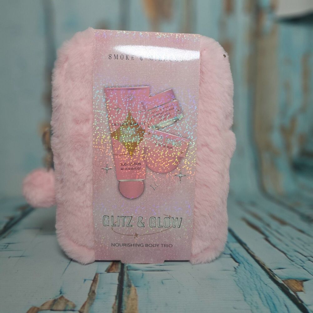 Smoke & Mirrors Glitz & Glow Pink Sugar Body Care Gift Set w/ Plush Cosmetic NEW